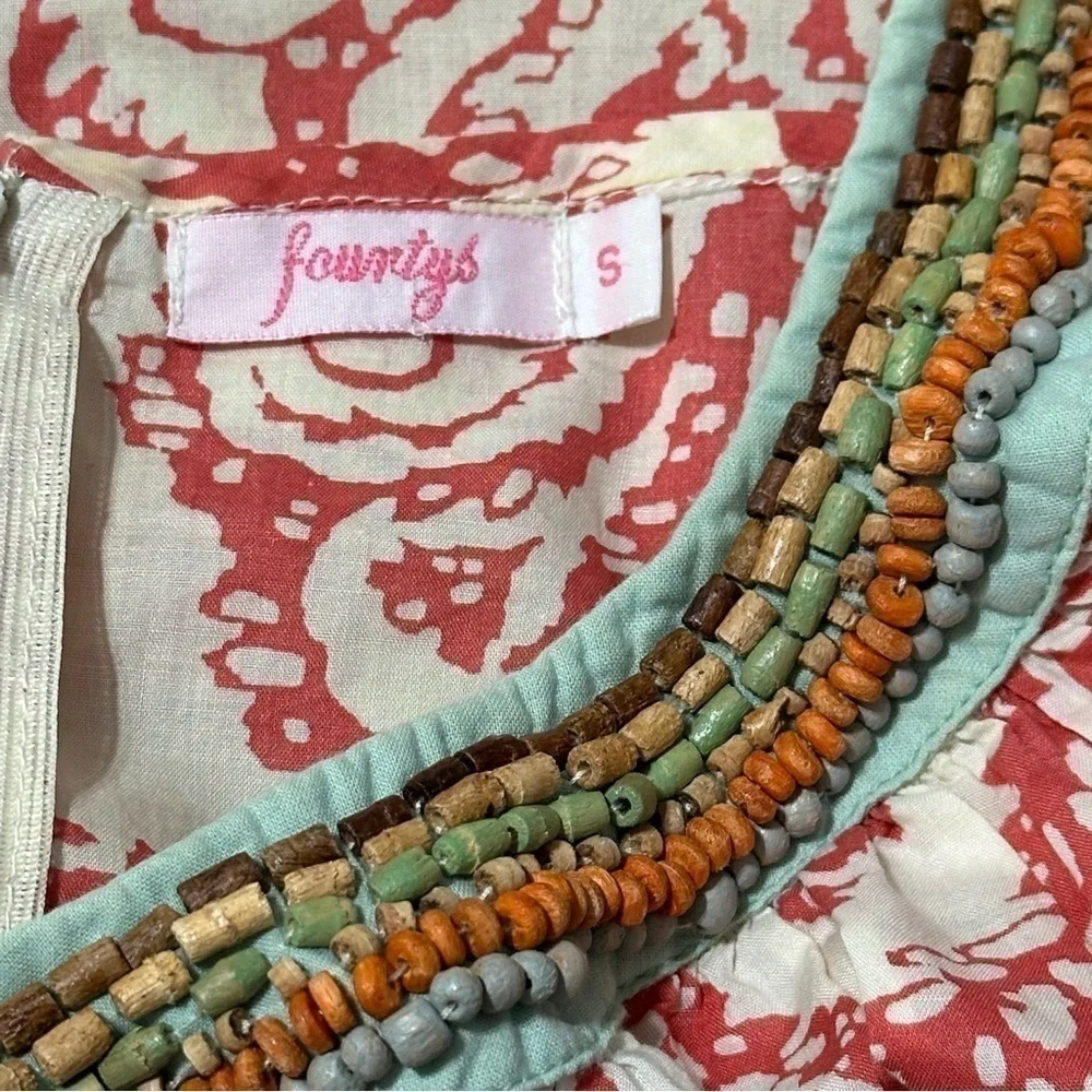 Fourtys Anthropologie S Red White Paisley Print Wooden Bead Neckline Halter Top